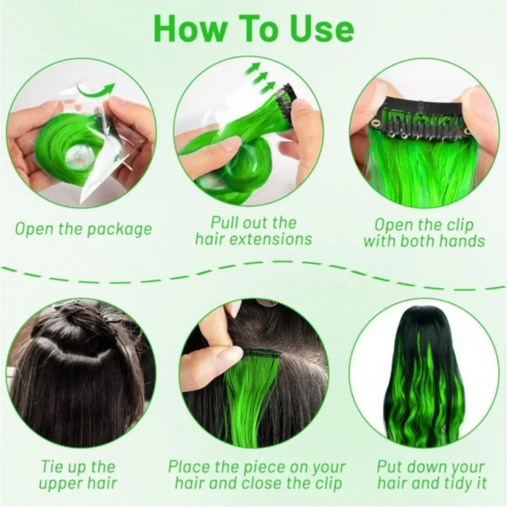 16PCS Curly Wavy Neon Green Streaks  Hairpiece Clip-in Hair Extensions